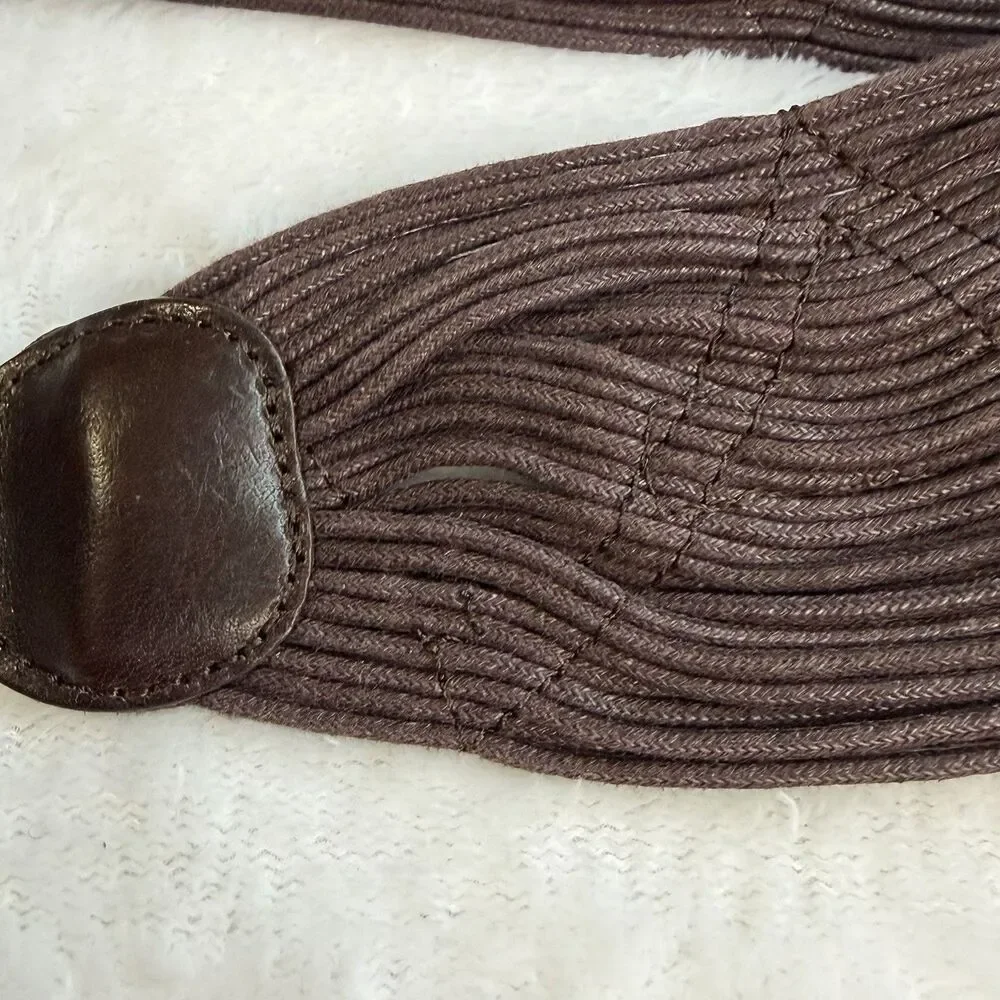 Coldwater‎ Creek Brown Wide Woven Cotton Belt Faux Leather Accents Statement S/M